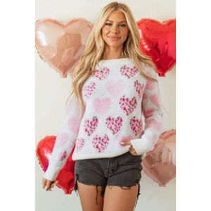 Pink and White Leopard Print Heart Pattern Women's Sweater Size X Large NWOT